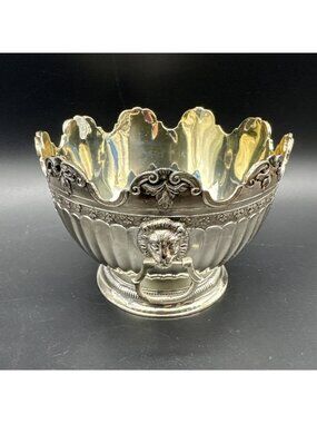 VTG Silverplate Monteith Bowl Lion Head Door Knocker Handles Ornate Scallop 5”
